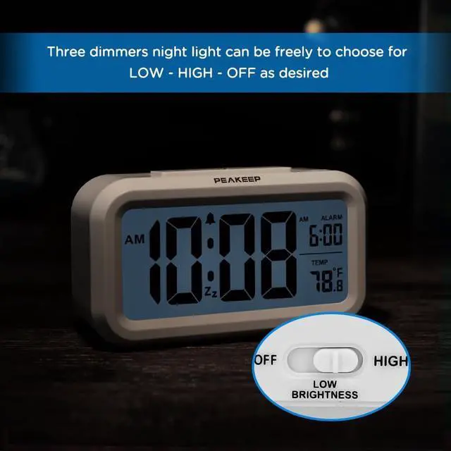 Alt view image 6 of 7 - Peakeep Night Light Digital Alarm Clock Battery Operated with Indoor Temperature, Desk Small Clock (White)