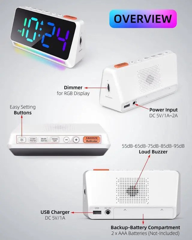 Alt view image 2 of 7 - [RGB] Super Loud Alarm Clock for Bedroom, Heavy Sleepers, Adults | Dynamic RGB Color Changing Clock for Teens, Kids | Small Bedside Digital Clock with LED Display, Atmosphere Light, USB Charger