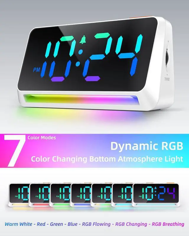 Alt view image 4 of 7 - [RGB] Super Loud Alarm Clock for Bedroom, Heavy Sleepers, Adults | Dynamic RGB Color Changing Clock for Teens, Kids | Small Bedside Digital Clock with LED Display, Atmosphere Light, USB Charger