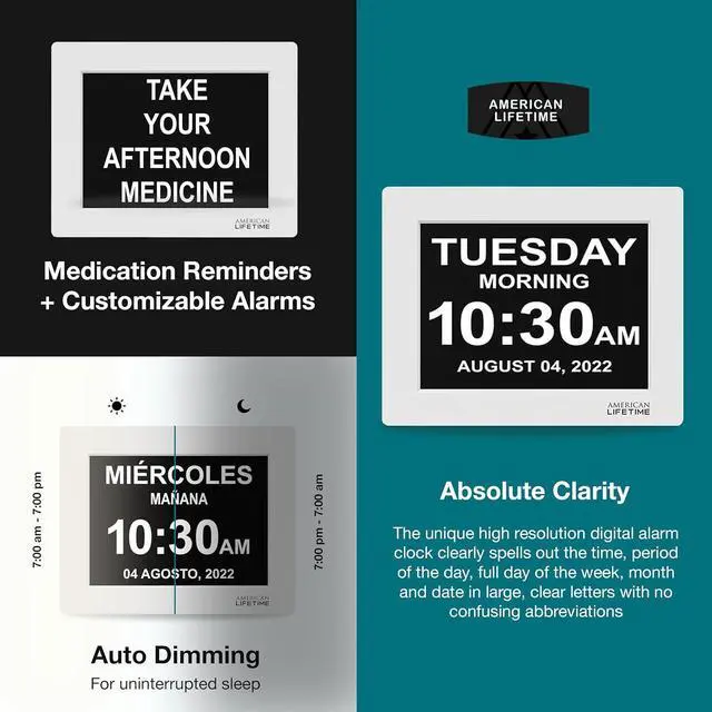 Alt view image 3 of 7 - American Lifetime New 2024 Dementia Clock Large Digital Clock for Seniors, Digital Clock Large Display with Custom Alarms, Clock with Day & Date for Elderly, Large Number Digital Clock White