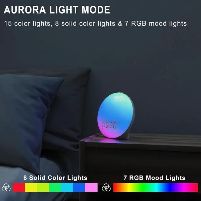 Alt view image 3 of 7 - JALL Wake Up Light Sunrise Alarm Clock for Kids, Bedroom, Full Screen with Sunrise Simulation, Dual Alarm, FM Radio, 15 Nightlights, 8 Sounds, Sleep Timer