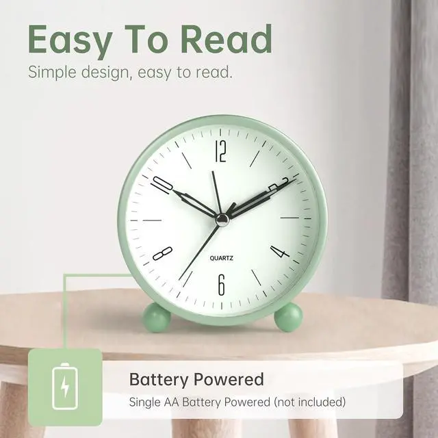 Alt view image 3 of 7 - Analog Alarm Clock, 4 inch Super Silent Non Ticking Small Clock with Night Light, Battery Operated, Simple Design, Old Fashioned Style Sage Decor, for Bedroom, Bedside, Desk, Adult, Kid, Gift, Green