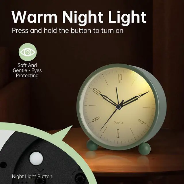 Alt view image 4 of 7 - Analog Alarm Clock, 4 inch Super Silent Non Ticking Small Clock with Night Light, Battery Operated, Simple Design, Old Fashioned Style Sage Decor, for Bedroom, Bedside, Desk, Adult, Kid, Gift, Green