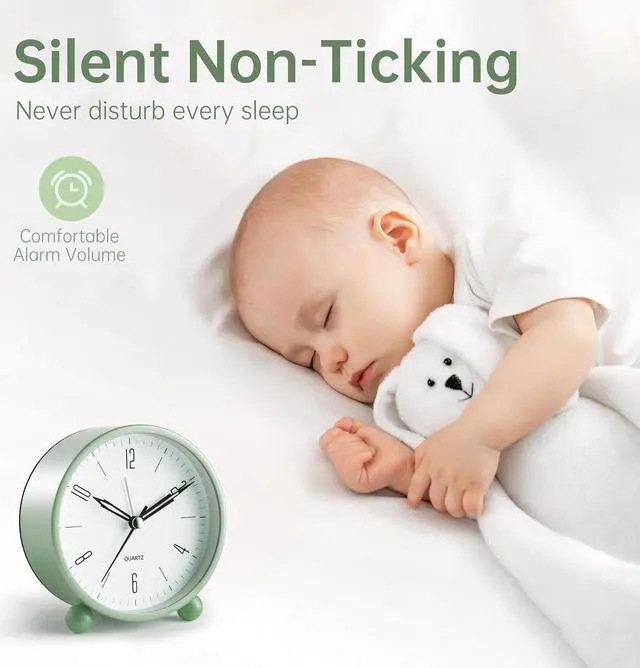 Alt view image 2 of 7 - Analog Alarm Clock, 4 inch Super Silent Non Ticking Small Clock with Night Light, Battery Operated, Simple Design, Old Fashioned Style Sage Decor, for Bedroom, Bedside, Desk, Adult, Kid, Gift, Green
