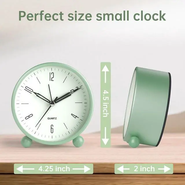 Alt view image 7 of 7 - Analog Alarm Clock, 4 inch Super Silent Non Ticking Small Clock with Night Light, Battery Operated, Simple Design, Old Fashioned Style Sage Decor, for Bedroom, Bedside, Desk, Adult, Kid, Gift, Green