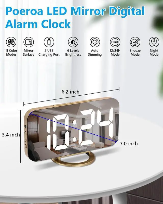 Alt view image 2 of 7 - Digital Alarm Clock,7 in LED Mirrored Clocks Large Display,with 2 USB Charger Ports,Auto Dim,Night Mode,Modern Desktop Electronic Clocks for Bedroom Home Office Decor - Gold