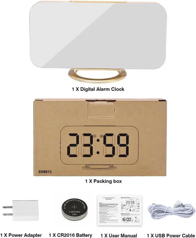 Alt view image 6 of 7 - Digital Alarm Clock,7 in LED Mirrored Clocks Large Display,with 2 USB Charger Ports,Auto Dim,Night Mode,Modern Desktop Electronic Clocks for Bedroom Home Office Decor - Gold