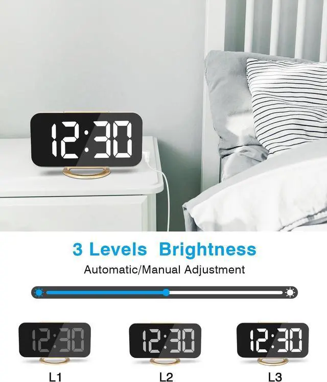 Alt view image 5 of 7 - Digital Alarm Clock,7 in LED Mirrored Clocks Large Display,with 2 USB Charger Ports,Auto Dim,Night Mode,Modern Desktop Electronic Clocks for Bedroom Home Office Decor - Gold