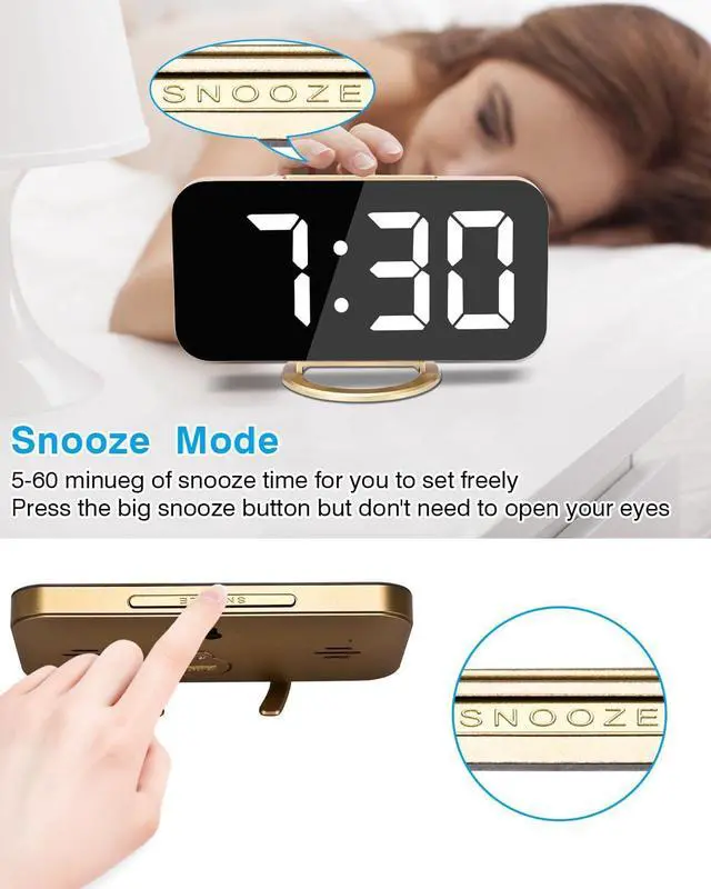 Alt view image 7 of 7 - Digital Alarm Clock,7 in LED Mirrored Clocks Large Display,with 2 USB Charger Ports,Auto Dim,Night Mode,Modern Desktop Electronic Clocks for Bedroom Home Office Decor - Gold