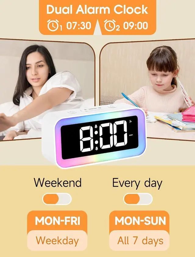 Alt view image 4 of 6 - Loud Alarm Clock for Bedrooms with Dynamic RGB Night Light,Heavy Sleepers Adults,Dual Alarm,Dimmer,USB Charger,Small Bedside Digital Clock with Led Display for Kids,Teens,Seniors (White)