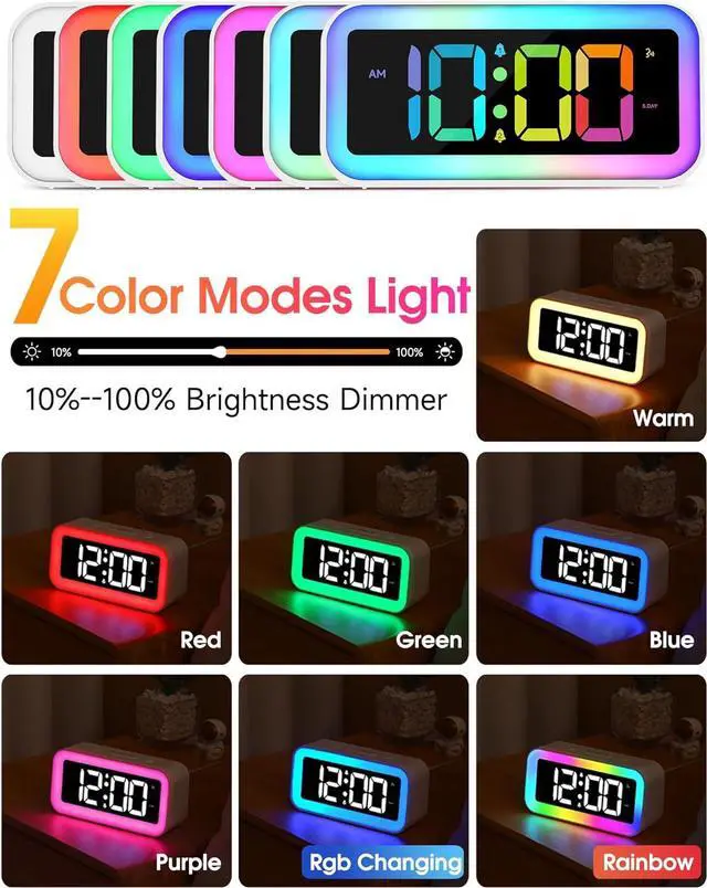 Alt view image 2 of 6 - Loud Alarm Clock for Bedrooms with Dynamic RGB Night Light,Heavy Sleepers Adults,Dual Alarm,Dimmer,USB Charger,Small Bedside Digital Clock with Led Display for Kids,Teens,Seniors (White)