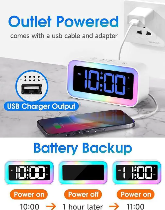 Alt view image 6 of 6 - Loud Alarm Clock for Bedrooms with Dynamic RGB Night Light,Heavy Sleepers Adults,Dual Alarm,Dimmer,USB Charger,Small Bedside Digital Clock with Led Display for Kids,Teens,Seniors (White)