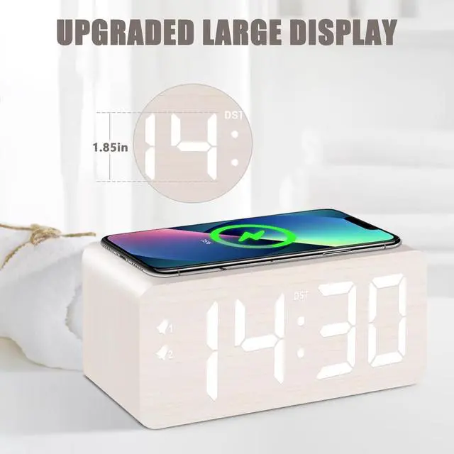 Alt view image 2 of 7 - Wooden Digital Alarm Clock, 10W Fast Wireless Charger Station & 2 USB Charging Ports, with 0~99% Dimmer, Dual Alarm, Weekday/Weekend Mode, Wood LED Clock for Bedroom, Desk, Office