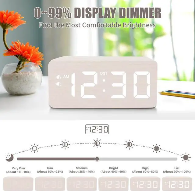 Alt view image 3 of 7 - Wooden Digital Alarm Clock, 10W Fast Wireless Charger Station & 2 USB Charging Ports, with 0~99% Dimmer, Dual Alarm, Weekday/Weekend Mode, Wood LED Clock for Bedroom, Desk, Office