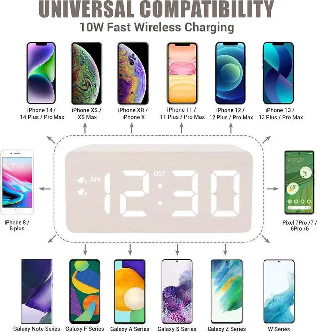 Alt view image 4 of 7 - Wooden Digital Alarm Clock, 10W Fast Wireless Charger Station & 2 USB Charging Ports, with 0~99% Dimmer, Dual Alarm, Weekday/Weekend Mode, Wood LED Clock for Bedroom, Desk, Office