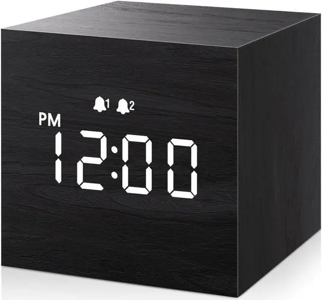 Main image of JALL Digital Alarm Clock, with Wooden Electronic LED Time Display, Dual Alarm, 2.5-inch Cubic Small Mini Wood Made Electric Clocks for Bedroom, Bedside, Desk, Black