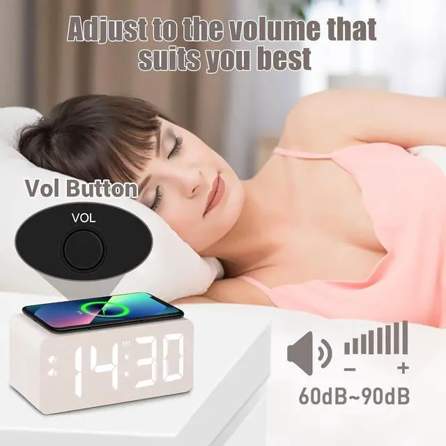 Alt view image 7 of 7 - Wooden Digital Alarm Clock, 10W Fast Wireless Charger Station & 2 USB Charging Ports, with 0~99% Dimmer, Dual Alarm, Weekday/Weekend Mode, Wood LED Clock for Bedroom, Desk, Office