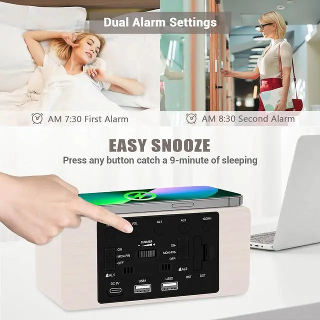 Alt view image 5 of 7 - Wooden Digital Alarm Clock, 10W Fast Wireless Charger Station & 2 USB Charging Ports, with 0~99% Dimmer, Dual Alarm, Weekday/Weekend Mode, Wood LED Clock for Bedroom, Desk, Office
