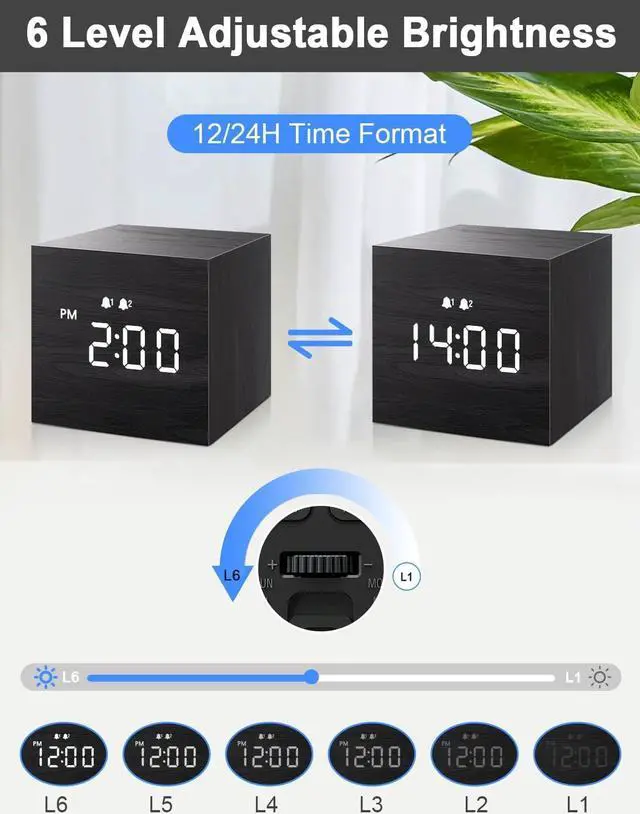 Alt view image 5 of 7 - JALL Digital Alarm Clock, with Wooden Electronic LED Time Display, Dual Alarm, 2.5-inch Cubic Small Mini Wood Made Electric Clocks for Bedroom, Bedside, Desk, Black