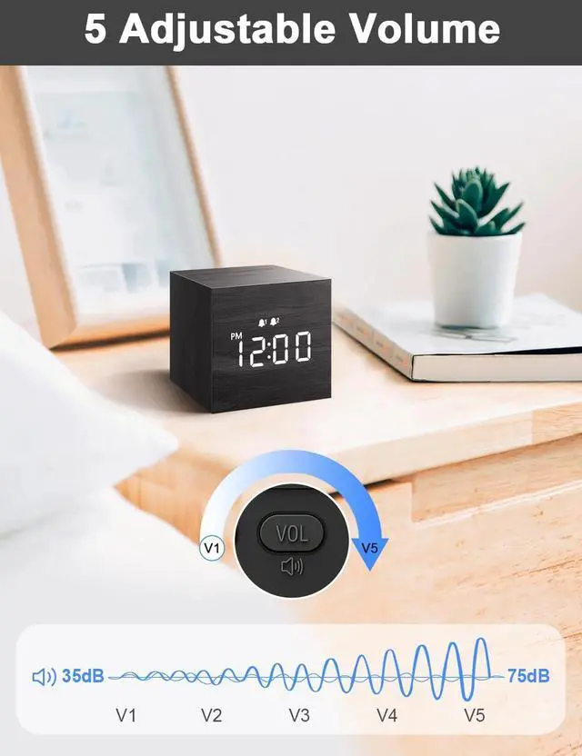 Alt view image 6 of 7 - JALL Digital Alarm Clock, with Wooden Electronic LED Time Display, Dual Alarm, 2.5-inch Cubic Small Mini Wood Made Electric Clocks for Bedroom, Bedside, Desk, Black