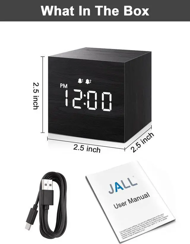 Alt view image 7 of 7 - JALL Digital Alarm Clock, with Wooden Electronic LED Time Display, Dual Alarm, 2.5-inch Cubic Small Mini Wood Made Electric Clocks for Bedroom, Bedside, Desk, Black