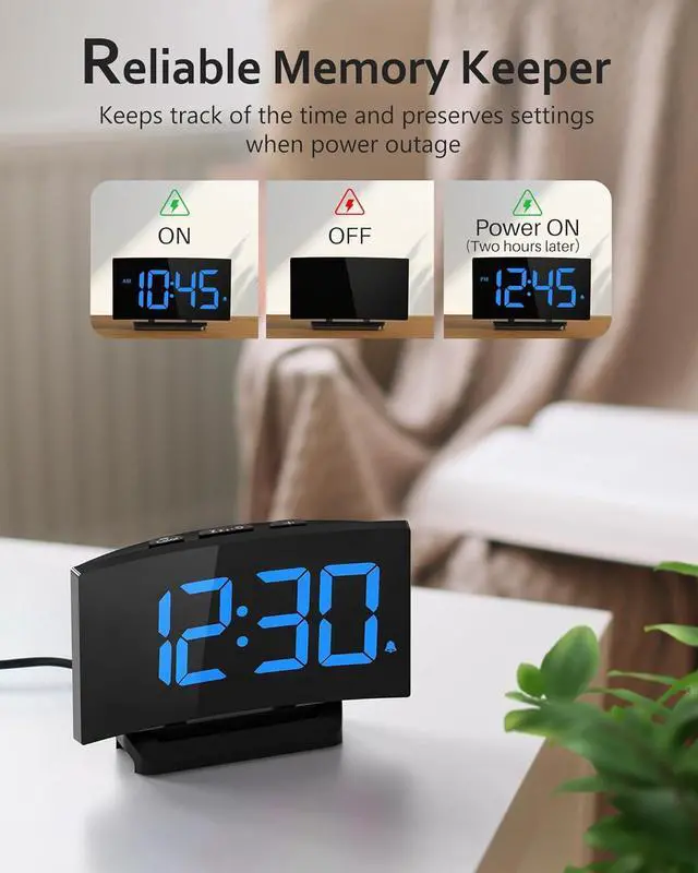 Alt view image 6 of 7 - GOLOZA Digital Alarm Clock for Bedrooms, Digital Clock with Modern Curved Design, Conspicuous Blue LED Numbers, 5 Levels Brightness+Off, 2 Volume, 3 Alarm Tones, Snooze, Power-Off Memory, 12/24H