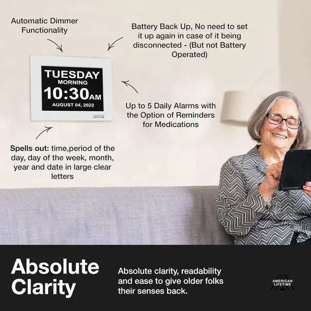 Alt view image 2 of 7 - American Lifetime New 2024 Dementia Clock Large Digital Clock for Seniors, Digital Clock Large Display with Custom Alarms, Clock with Day & Date for Elderly, Large Number Digital Clock White