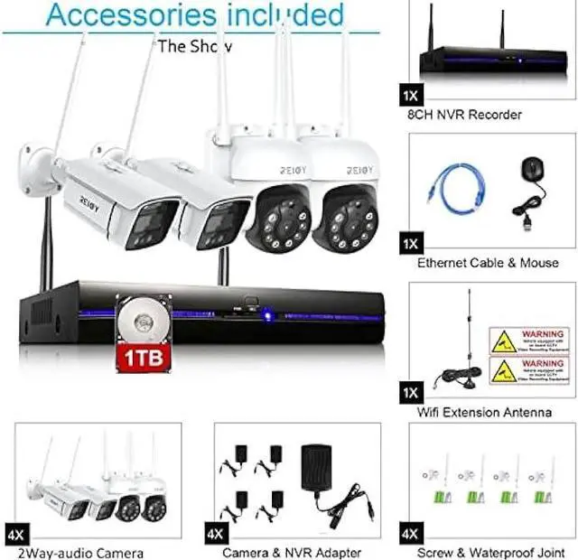 Alt view image 7 of 7 - REIGY 3MP WiFi Security Camera System with Floodlight and 1TB Hard Drive Preinstalled, 2K Outdoor Home Surveillance Set 8CH NVR + 4X 1296P IP Cam 2PT, 2-Way Audio Color Night Vision Motion Detection