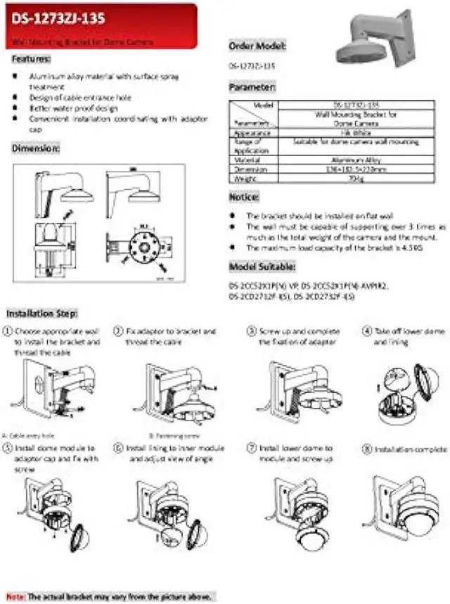 Alt view image 7 of 7 - WMS WML PC135 DS-1273ZJ-135 Wall Mounting Bracket for Hik-Compatible Varifocal Dome Camera DS-2CD2712F-I