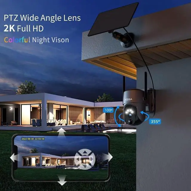 Alt view image 4 of 6 - Xega 2 Pack Security Camera Wireless Outdoor 2K 360° PTZ Camera Solar Security Cameras 2.4G WiFi Video Surveillance w/Spotlight & Siren, Color Night Vision, AI Motion Detection, 2-Way Talk, IP66