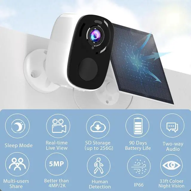 Alt view image 2 of 7 - Rraycom 5MP Solar Security Cameras Wireless Outdoor with Solar Panel, 2K QHD WiFi Wireless Camera for Home Security with Color Night Vision, Motion Detection, 2-Way Talk, Compatible with Alexa