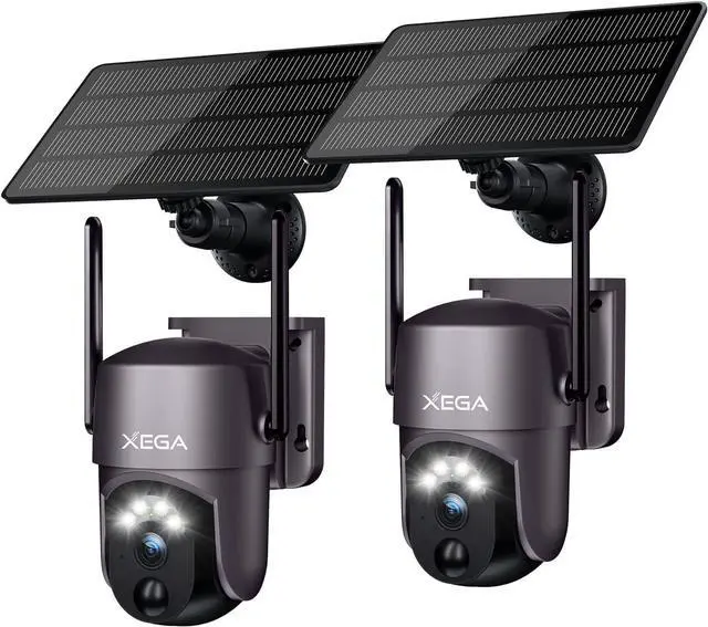 Main image of Xega 2 Pack Security Camera Wireless Outdoor 2K 360° PTZ Camera Solar Security Cameras 2.4G WiFi Video Surveillance w/Spotlight & Siren, Color Night Vision, AI Motion Detection, 2-Way Talk, IP66