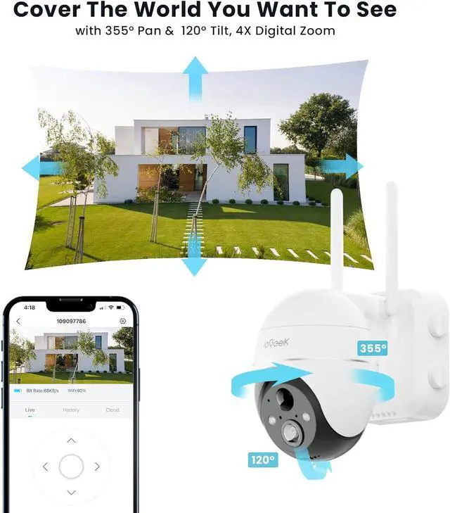 Alt view image 5 of 7 - ieGeek 5MP Security Cameras Wireless Outside, Solar Camera Outdoor Wireless WiFi 360° PTZ Battery Powered with Spotlight & Siren/Motion Detection/Color Night Vision/2-Way Audio/IP65, Works with Alexa