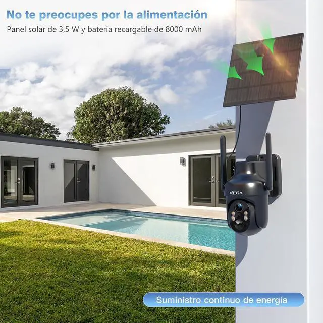 Alt view image 3 of 7 - Xega WiFi Solar Security Camera, HD PTZ Wireless Outdoor IP Camera Surveillance Rechargeable Battery with Solar Panel, IR Night Vision, 2-Way Audio, PIR Motion Detection, IP66 Waterproof, 2.4GHz