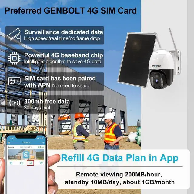 Alt view image 2 of 7 - GENBOLT 4G LTE Cellular Solar Security Camera Outdoor Wireless, 8W 15600mAh Battery Operated Surveillance Camera No WiFi, PTZ IP Camera System with SIM Card, PIR Siren Alarm with Humanoid Detection
