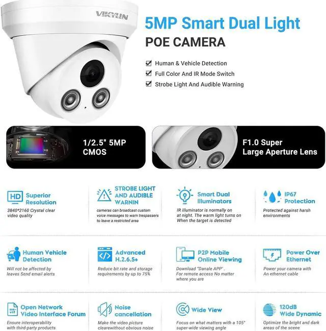 Alt view image 2 of 7 - VIKYLIN 5MP IP POE Security Camera with Smart Dual Light Full Color Night Vision,Built in Mic,Active Deterrence for Human Detection,2.8mm Lens,IP67 Outdoor Turret IP Camera