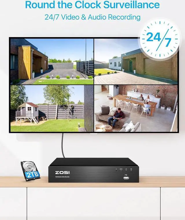 Alt view image 7 of 7 - Gadpiparty ZOSI 4K POE Security Cameras System with 2TB Hard Drive,8CH H.265+ 4K NVR and 4PCS 4K 8MP Surveillance Cameras