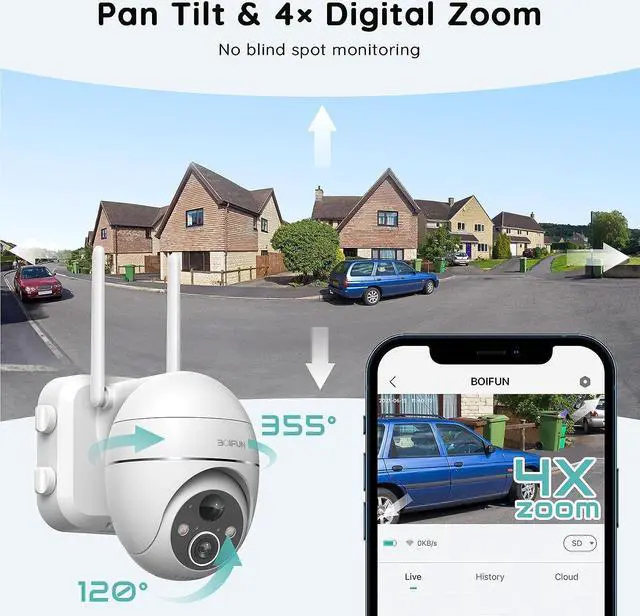 Alt view image 3 of 7 - Solar Security Camera Outdoor, 2K Wireless WiFi 360° PTZ Camera, Solar Powered Security Cameras with Spotlight & Siren, Color Night Vision, PIR Motion Detection, 15000mAh Battery, 2 Way Audio, IP65