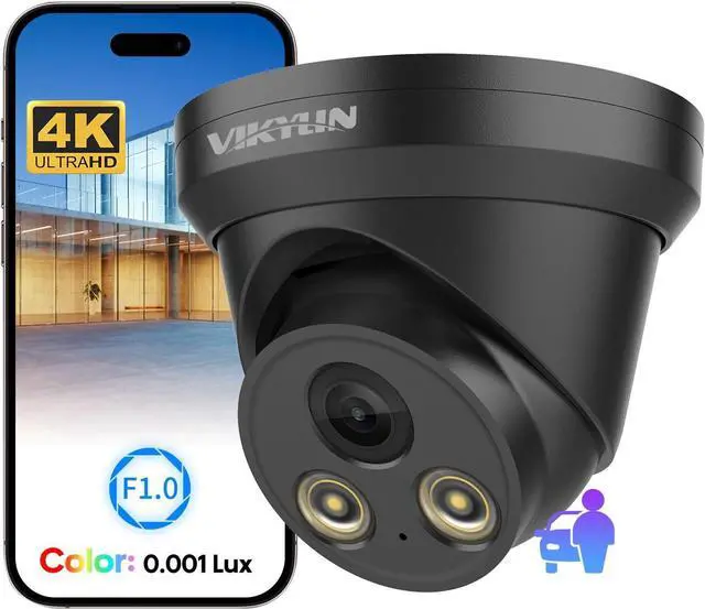 Main image of VIKYLIN 8MP Full Color IP PoE AI Turret Camera(Black),F1.0 Aperture 98ft Color Night Vision,Built-in Mic,Human/Vehicle Detection,2.8mm Lens,IP67 4K Security IP Camera