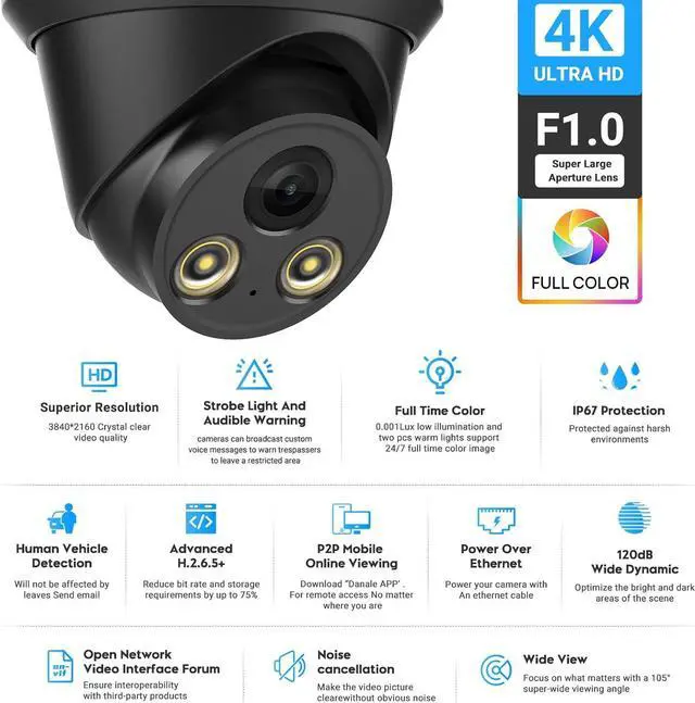 Alt view image 2 of 7 - VIKYLIN 8MP Full Color IP PoE AI Turret Camera(Black),F1.0 Aperture 98ft Color Night Vision,Built-in Mic,Human/Vehicle Detection,2.8mm Lens,IP67 4K Security IP Camera
