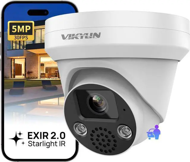 Main image of VIKYLIN 5MP Turret POE Camera, 5MP@30fps Outdoor IP Camera with 2-Way Audio, SD (512GB),Human/Vehicle Detection,98ft NightVision,IP67 Security Surveillance Cameras