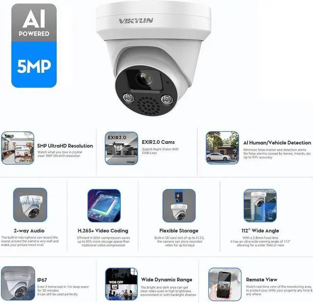 Alt view image 2 of 7 - VIKYLIN 5MP Turret POE Camera, 5MP@30fps Outdoor IP Camera with 2-Way Audio, SD (512GB),Human/Vehicle Detection,98ft NightVision,IP67 Security Surveillance Cameras