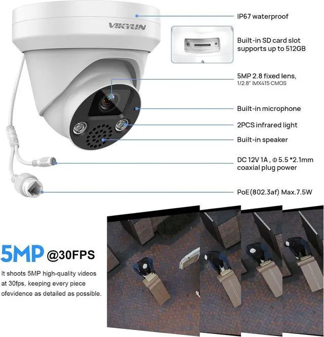 Alt view image 3 of 7 - VIKYLIN 5MP Turret POE Camera, 5MP@30fps Outdoor IP Camera with 2-Way Audio, SD (512GB),Human/Vehicle Detection,98ft NightVision,IP67 Security Surveillance Cameras