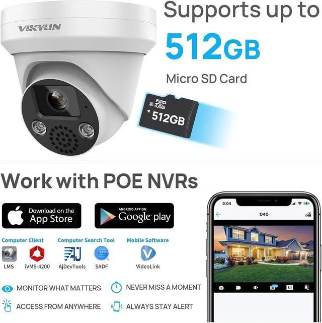Alt view image 6 of 7 - VIKYLIN 5MP Turret POE Camera, 5MP@30fps Outdoor IP Camera with 2-Way Audio, SD (512GB),Human/Vehicle Detection,98ft NightVision,IP67 Security Surveillance Cameras