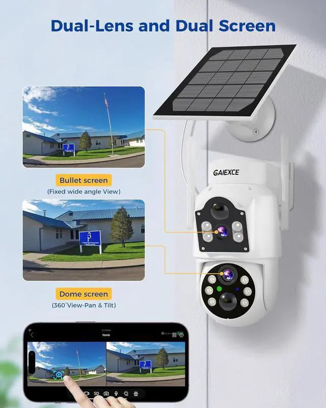 Alt view image 3 of 7 - Gadpiparty Solar Security Cameras Wireless OutdoorDual Lens 100% Wire-Free Battery Powered Camera, Pan Tilt, 4MP Color Night Vision, PIR Motion Detection, Spotlight/Siren Alarm, Only 2.4G WiFi