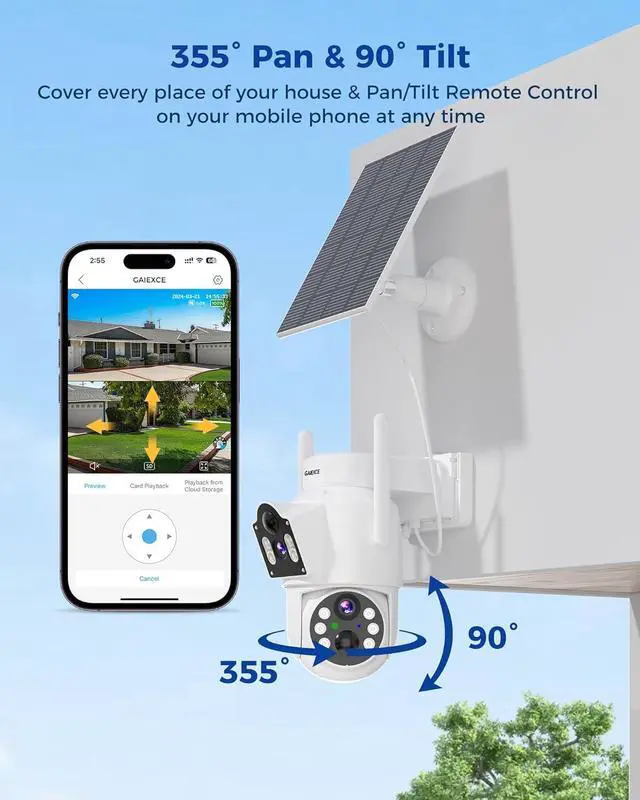 Alt view image 4 of 7 - Gadpiparty Solar Security Cameras Wireless OutdoorDual Lens 100% Wire-Free Battery Powered Camera, Pan Tilt, 4MP Color Night Vision, PIR Motion Detection, Spotlight/Siren Alarm, Only 2.4G WiFi