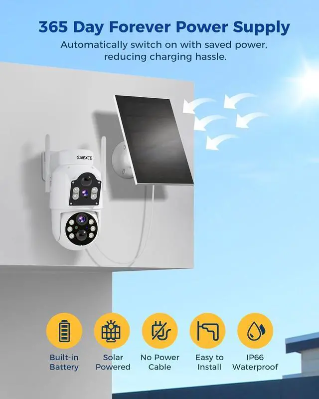 Alt view image 2 of 7 - Gadpiparty Solar Security Cameras Wireless OutdoorDual Lens 100% Wire-Free Battery Powered Camera, Pan Tilt, 4MP Color Night Vision, PIR Motion Detection, Spotlight/Siren Alarm, Only 2.4G WiFi