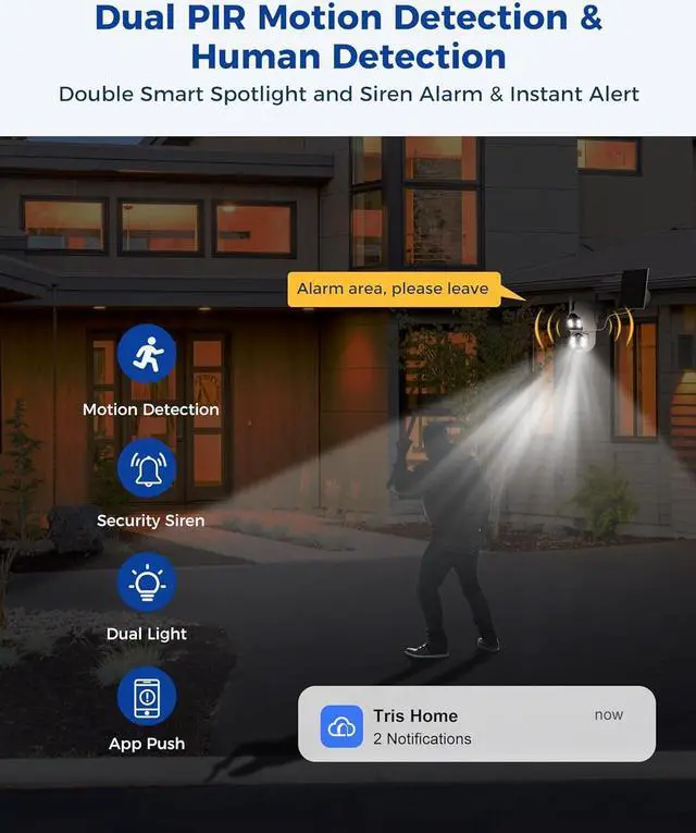 Alt view image 5 of 7 - Gadpiparty Solar Security Cameras Wireless OutdoorDual Lens 100% Wire-Free Battery Powered Camera, Pan Tilt, 4MP Color Night Vision, PIR Motion Detection, Spotlight/Siren Alarm, Only 2.4G WiFi