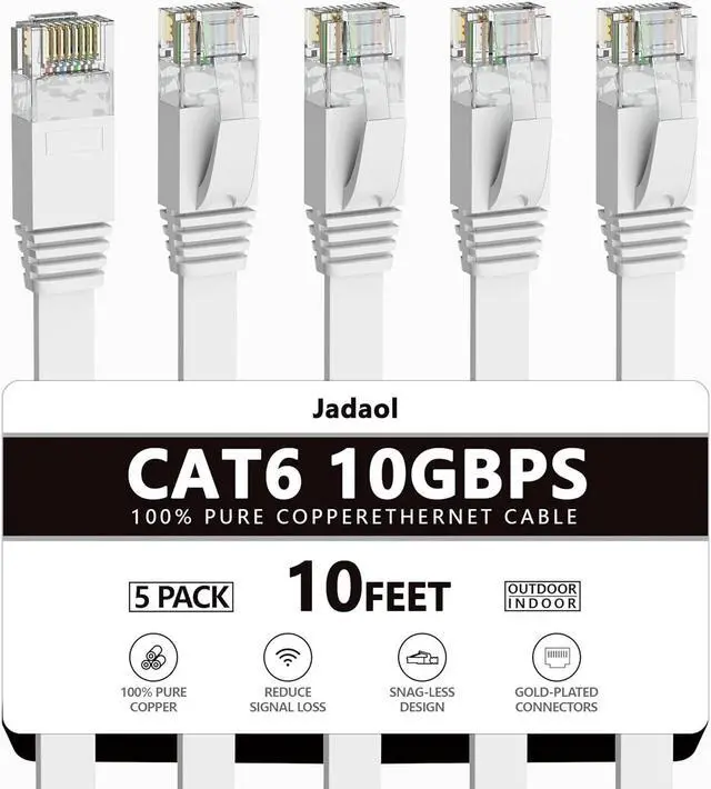 Main image of Cat 6 Ethernet Cable 10 Ft (5Pack), Outdoor&Indoor, 10Gbps Support Cat 7 Network, Heavy Duty Flat Internet LAN Patch Cord, High Speed Weatherproof Cable for Router, Modem, Xbox, PS4, Switch, White