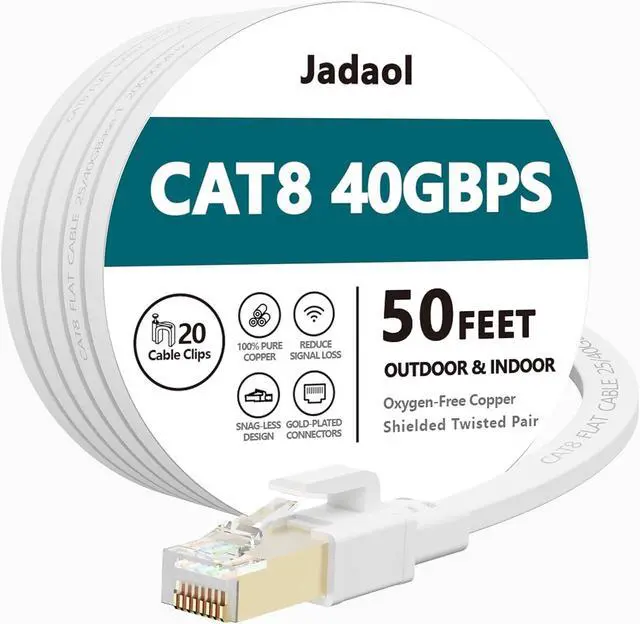 Main image of Cat8 Ethernet Cable, Outdoor&Indoor, 50 FT Heavy Duty High Speed Cat 8 LAN Network Cable, 40Gbps 2000MHz RJ45 Flat Internet Computer Patch Cord, Weatherproof S/FTP UV Resistant for Router/Modem/Gaming